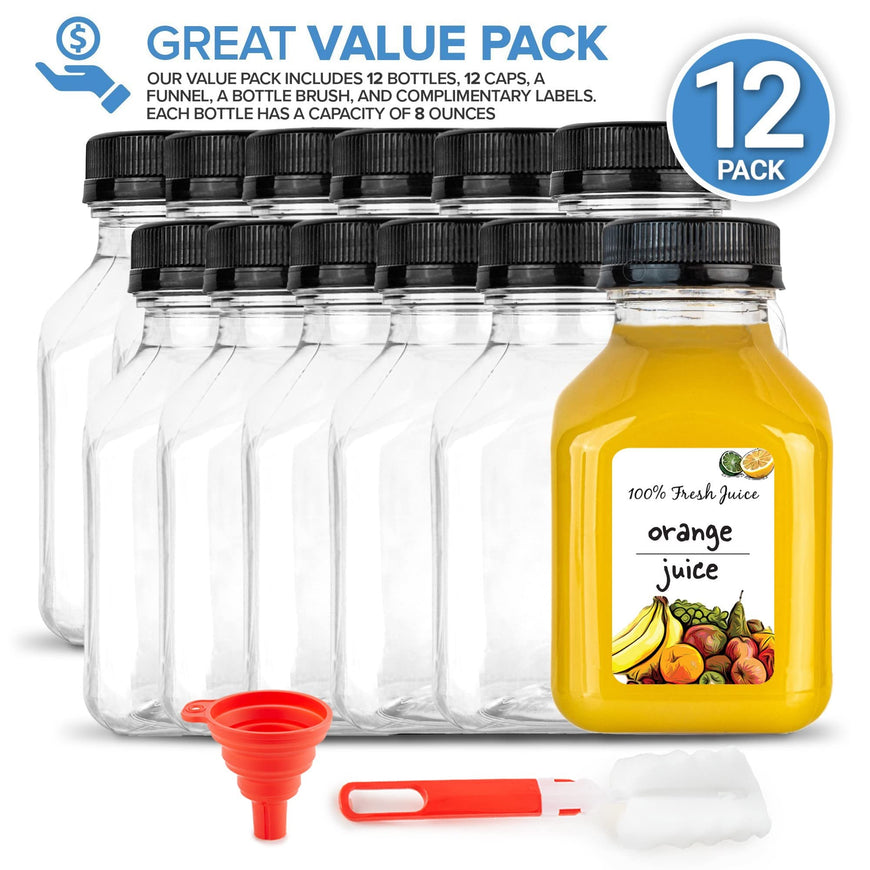 8 oz Juice Bottles with Caps - Reusable Clear Plastic Drink Containers (12 pack) - Mini Water Bottles with Labels, Brush & Funnel