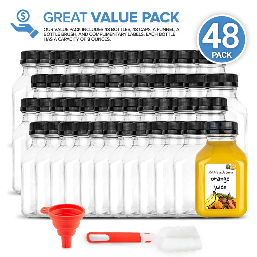 Juice Bottles with Caps for Juicing & Smoothies, Reusable Clear Empty Plastic Caps, 8 Ounce Drink Containers Mini Fridge, Juicer Shots, Small Water Bulk oz (48 Pack)
