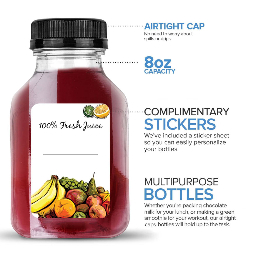 Juice Bottles with Caps for Juicing & Smoothies, Reusable Clear Empty Plastic Caps, 8 Ounce Drink Containers Mini Fridge, Juicer Shots, Small Water Bulk oz (48 Pack)