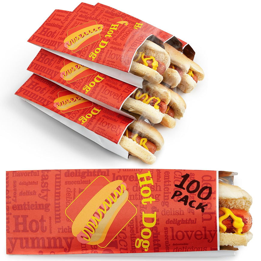 Stock Your Home Hot Dog Wrappers Foil Laminated Paper (100 Pack) Grease Resistant Red Hot Dog Sleeves Foil, Bulk Hot Dog Bags for Carnival Themed Party, Food Cart, Concession Stand