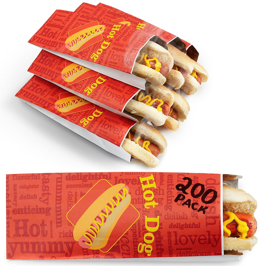 Stock Your Home Hot Dog Wrappers Foil Laminated Paper (200 Pack) Grease Resistant Red Hot Dog Sleeves Foil, Bulk Hot Dog Bags for Carnival Themed Party, Food Cart, Concession Standats, Grubhub