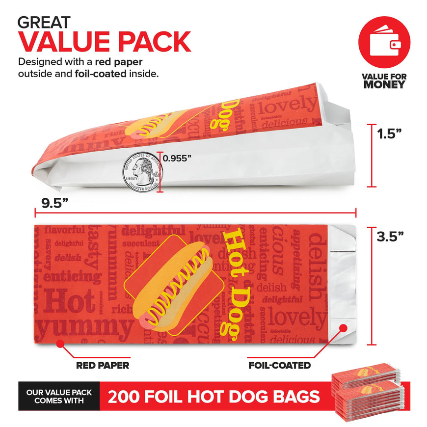 Stock Your Home Hot Dog Wrappers Foil Laminated Paper (200 Pack) Grease Resistant Red Hot Dog Sleeves Foil, Bulk Hot Dog Bags for Carnival Themed Party, Food Cart, Concession Standats, Grubhub