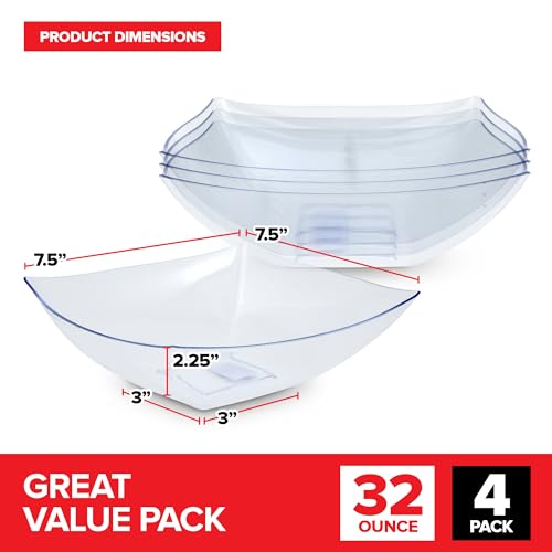 32oz Clear Plastic Serving Bowls (4 Pack) Medium Candy Dishes, Square Plastic Buffet Containers for Chips, Snacks, Mints, Salad Bar, Snack Bowl Parties, Office, Bridal Shower, Party Supplies