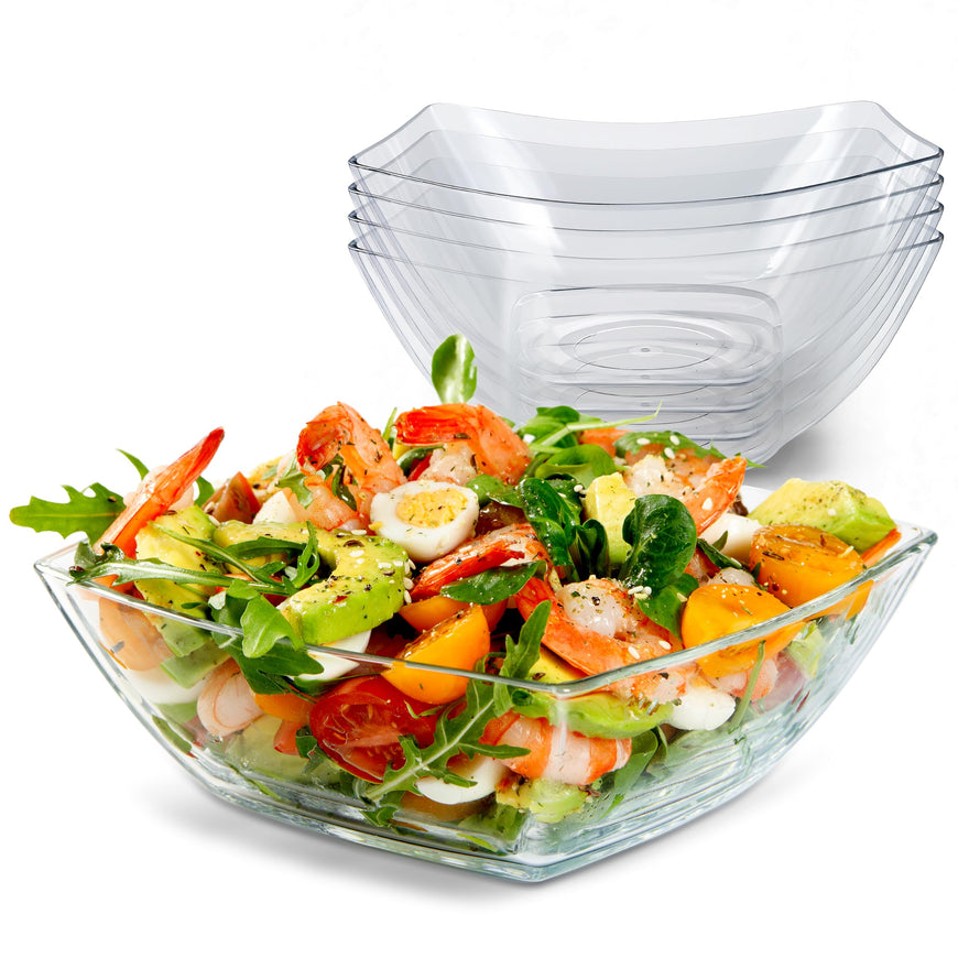 64oz Clear Plastic Serving Bowls (4 Pack) Large Disposable Candy Dishes, Square Plastic Buffet Containers for Chips, Snacks, Mints, Salad Bar, Snack Bowl Parties, Office, Bridal Shower, Party Supplies
