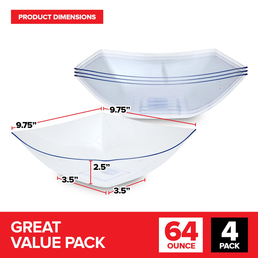 64oz Clear Plastic Serving Bowls (4 Pack) Large Disposable Candy Dishes, Square Plastic Buffet Containers for Chips, Snacks, Mints, Salad Bar, Snack Bowl Parties, Office, Bridal Shower, Party Supplies