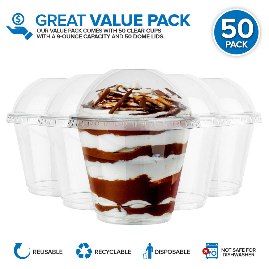 9 oz Clear Plastic Dessert Cups with Lids (Set of 50) Small Disposable Parfait Cup, Dome Lid - No Hole, 9-Ounce Party Fruit Containers, Banana Pudding Bowl, Jello, Ice Cream, Desserts Container