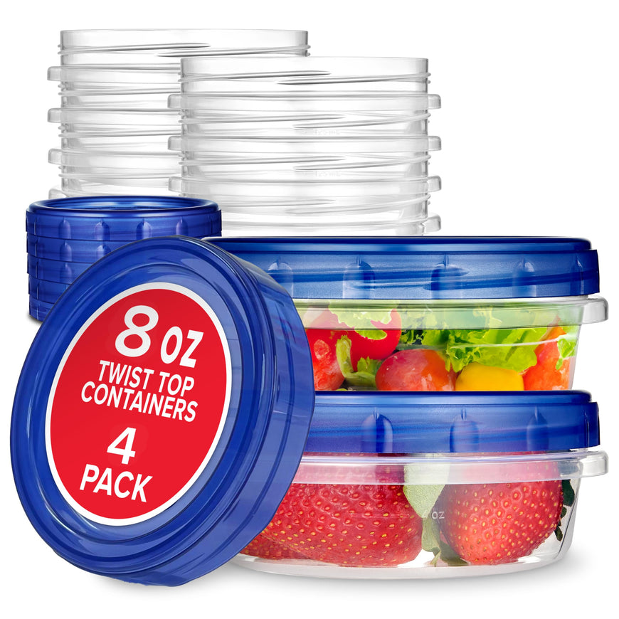 Stock Your Home 8oz Plastic Containers with Twist Top Lids (4 Pack), 1 Cup Small Freezer Containers for Leftover Food, Airtight Reusable Soup Containers with Lids, Microwave and Dishwasher Safe