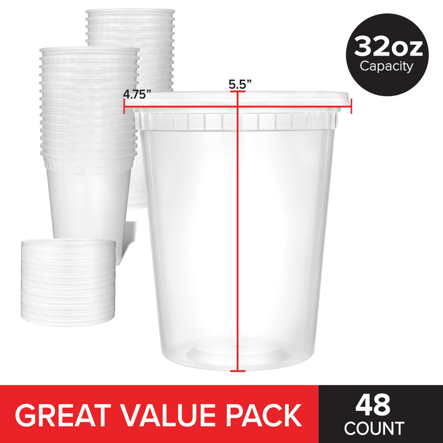 Stock Your Home 32oz Plastic Deli Containers (48 Pack) with Lids, Reusable Freezer Containers, To Go Soup Containers, Microwave Safe