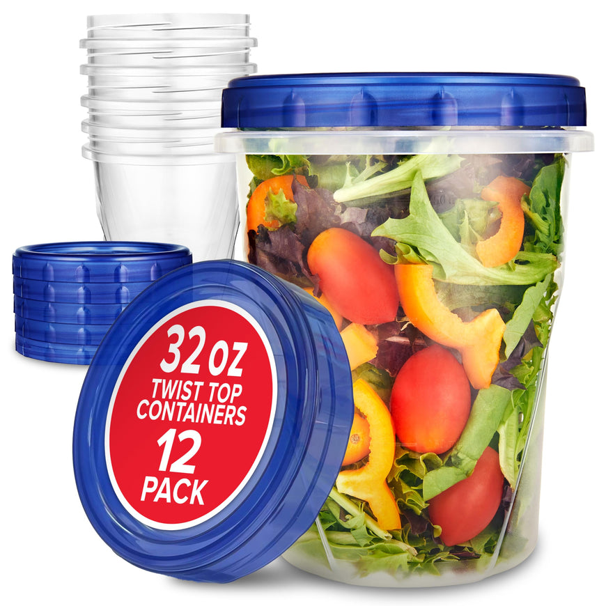 Stock Your Home 32oz Plastic Containers with Twist Top Lids (12 Pack), Quart Freezer Containers with Airtight Lids for Leftover Food, Microwave and Dishwasher Safe