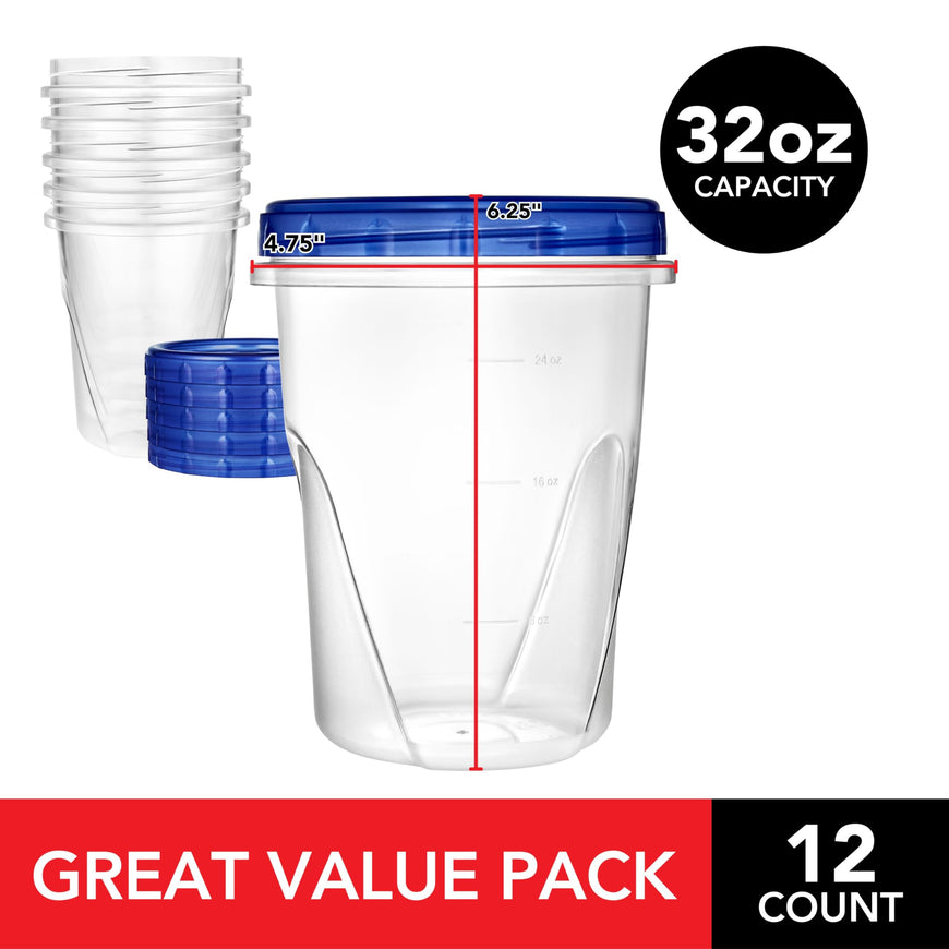 Stock Your Home 32oz Plastic Containers with Twist Top Lids (12 Pack), Quart Freezer Containers with Airtight Lids for Leftover Food, Microwave and Dishwasher Safe