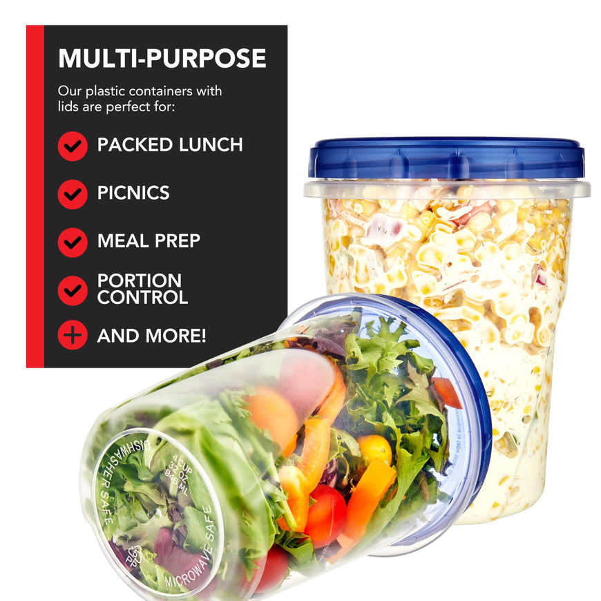 Stock Your Home 32oz Plastic Containers with Twist Top Lids (12 Pack), Quart Freezer Containers with Airtight Lids for Leftover Food, Microwave and Dishwasher Safe