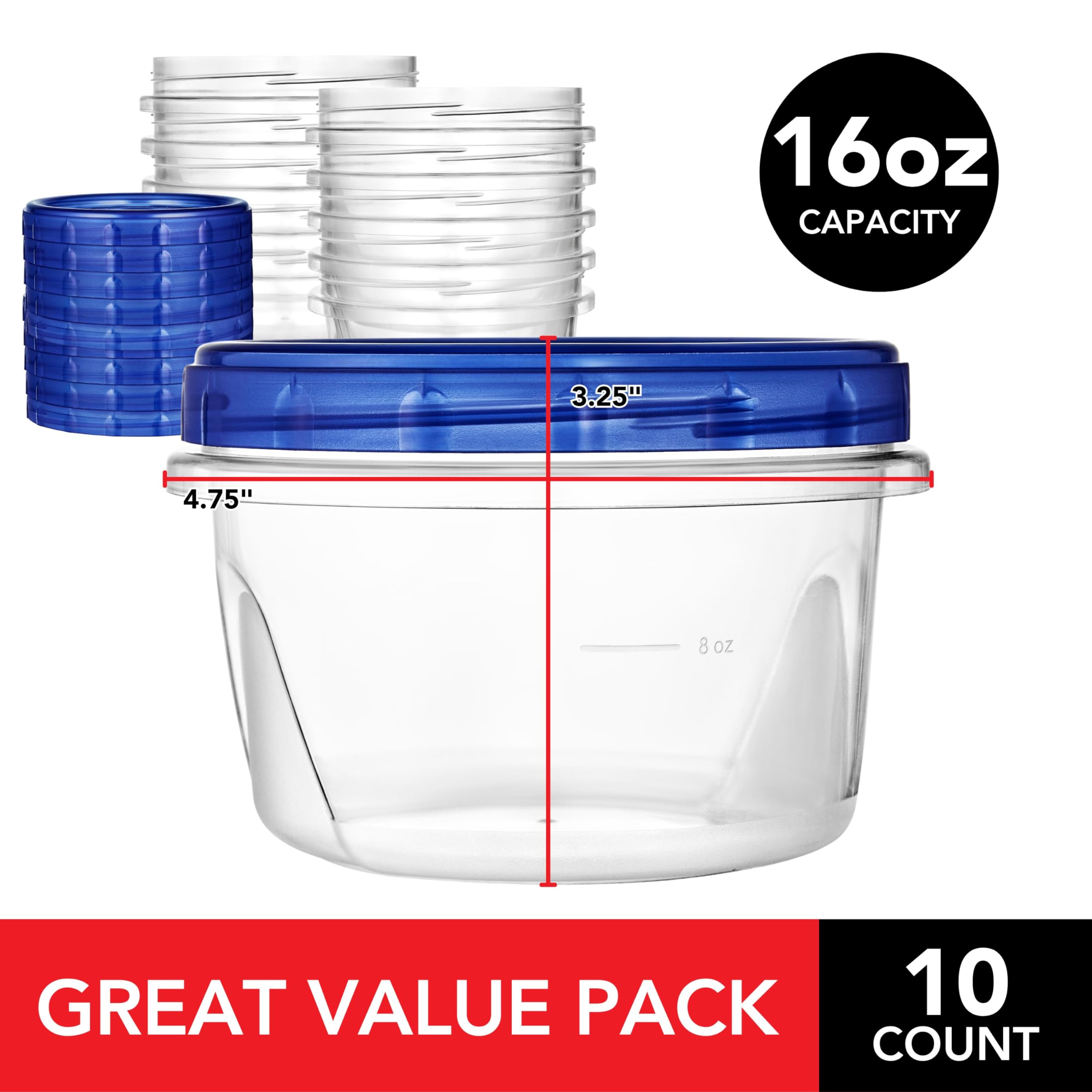 Stock Your Home 16oz Plastic Containers with Twist Top Lids (10 Pack), 2 Cup Freezer Containers with Lids for Leftover Food, Airtight Reusable Soup Containers, Microwave and Dishwasher Safe - Thumbnail 5