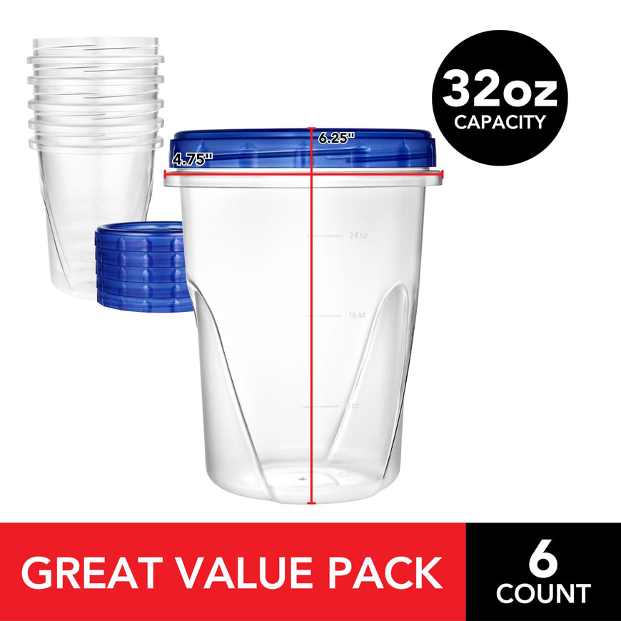 Stock Your Home 32oz Plastic Containers with Twist Top Lids (6 Pack), Quart Freezer Containers with Airtight Lids for Leftover Food, Microwave and Dishwasher Safe