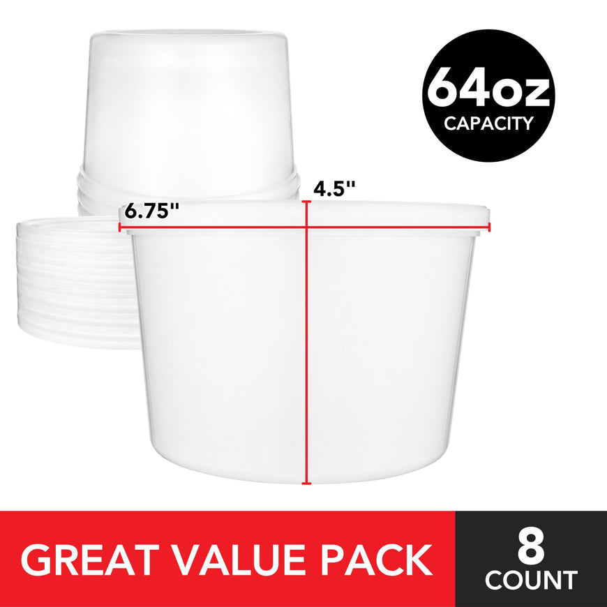 Stock Your Home 64 oz Plastic Deli Containers with Lids (8 Pack), Half Gallon Reusable Freezer Containers, Disposable Food Storage Containers with Lids, To Go Soup, Microwave Safe