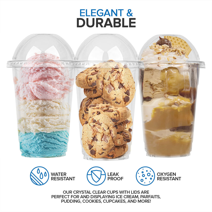 16 oz Clear Plastic Dessert Cups with Lids (Set of 50) Medium Disposable Parfait Cup, Dome Lid - No Hole, 16-Ounce Party Fruit Containers, Banana Pudding Bowl, Jello, Ice Cream, Desserts Container