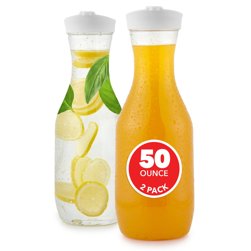 Stock Your Home 50 oz Round Plastic Water Carafes with White Flip Tab Lids (2 Pack) - Food Grade & Recyclable Shatterproof Pitchers - Juice Jar for Lemonade, Milk, Mimosas, Iced Tea, Laundry Detergent