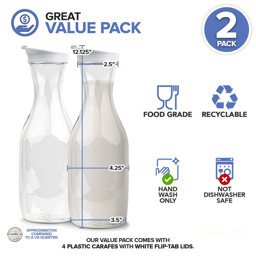 Stock Your Home 50 oz Round Plastic Water Carafes with White Flip Tab Lids (2 Pack) - Food Grade & Recyclable Shatterproof Pitchers - Juice Jar for Lemonade, Milk, Mimosas, Iced Tea, Laundry Detergent