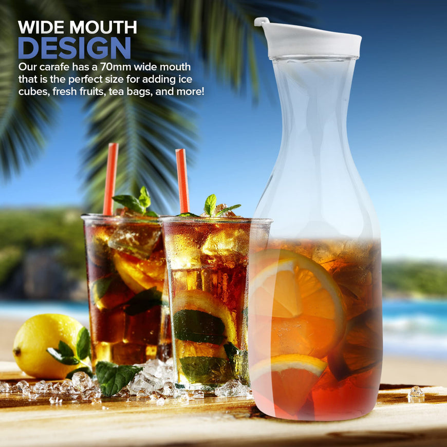 Stock Your Home 50 oz Round Plastic Water Carafes with White Flip Tab Lids (2 Pack) - Food Grade & Recyclable Shatterproof Pitchers - Juice Jar for Lemonade, Milk, Mimosas, Iced Tea, Laundry Detergent