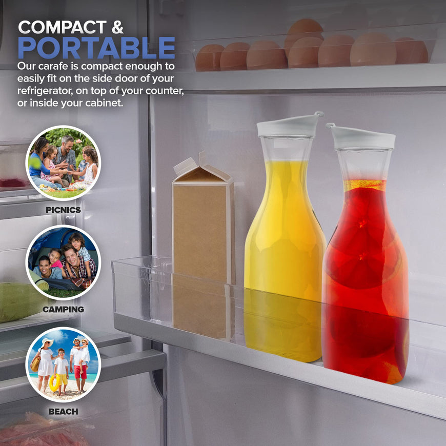 Stock Your Home 50 oz Round Plastic Water Carafes with White Flip Tab Lids (2 Pack) - Food Grade & Recyclable Shatterproof Pitchers - Juice Jar for Lemonade, Milk, Mimosas, Iced Tea, Laundry Detergent