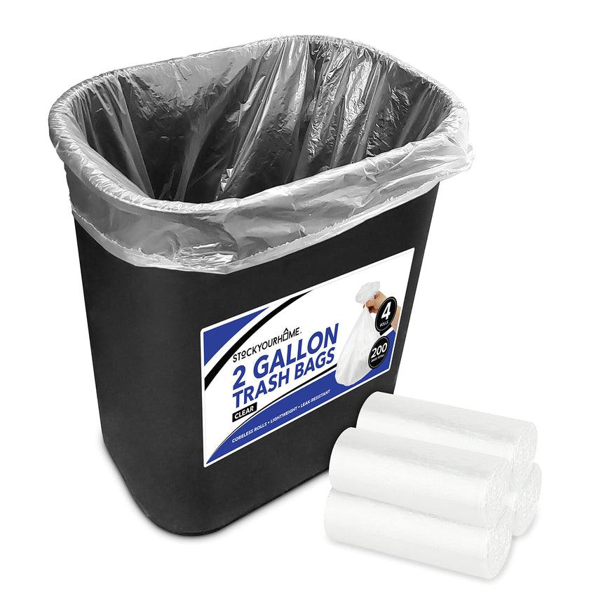 Stock Your Home 2 Gallon Clear Trash Bags (200 Pack) - Disposable Plastic Garbage Bags - Leak Resistant Waste Can Liner - Small Bags for Office, Bathroom, Deli, Produce Section, Dog Poop, Cat Litter