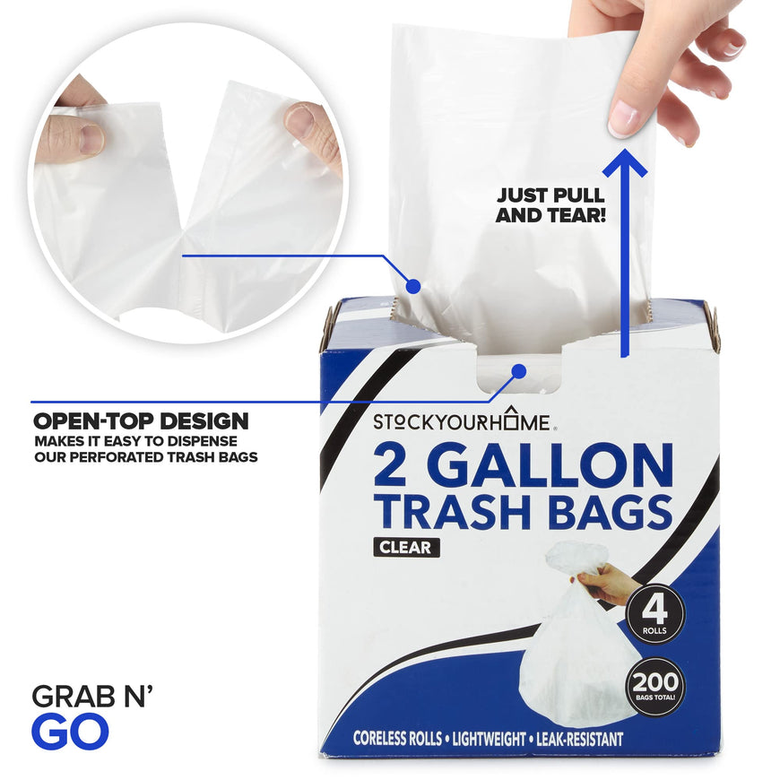 Stock Your Home 2 Gallon Clear Trash Bags (200 Pack) - Disposable Plastic Garbage Bags - Leak Resistant Waste Can Liner - Small Bags for Office, Bathroom, Deli, Produce Section, Dog Poop, Cat Litter