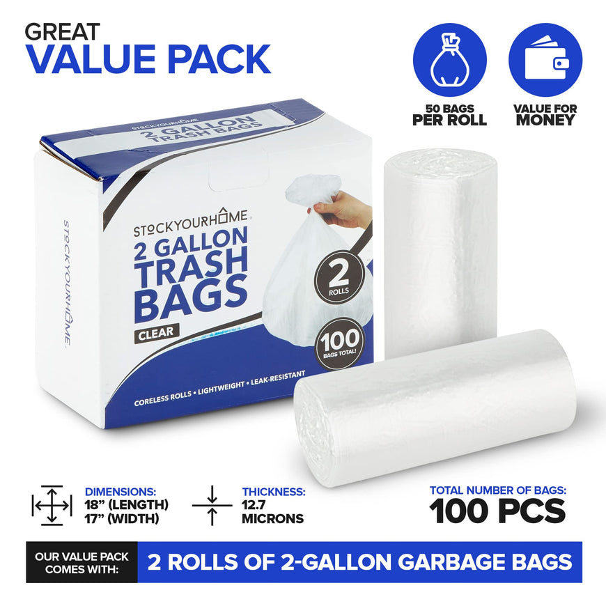 Stock Your Home 2 Gallon Clear Trash Bags (500 Pack) - Disposable Plastic Garbage Bags - Leak Resistant Waste Can Liner - Small Bags for Office, Bathroom, Deli, Produce Section, Dog Poop, Cat Litter