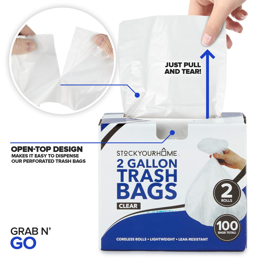 Stock Your Home 2 Gallon Clear Trash Bags (500 Pack) - Disposable Plastic Garbage Bags - Leak Resistant Waste Can Liner - Small Bags for Office, Bathroom, Deli, Produce Section, Dog Poop, Cat Litter