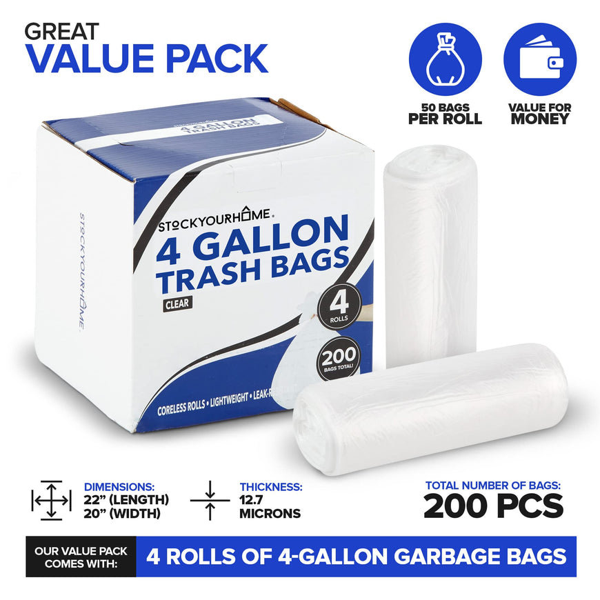 Stock Your Home 4 Gallon Clear Trash Can Liner - 200 Pack