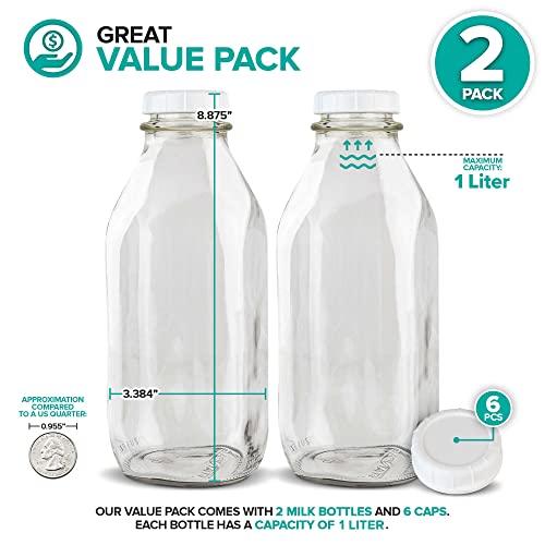 Stock Your Home Liter Glass Milk Bottles (2 Pack) - 32-Oz Milk Jars with Lids - Food Grade Glass Bottles - Dishwasher Safe - Bottles for Milk, Buttermilk, Honey, Maple Syrup, Jam, BBQ Sauce