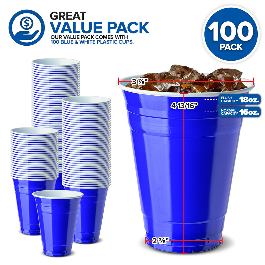 16-Ounce Plastic Party Cups in Blue (100 Pack) - Disposable Plastic Cups - Recyclable - Blue Cups with Fill Lines - Reusable Plastic Cups for Drinks, Soda, Punch, Barbecues, Picnics - Stock Your Home