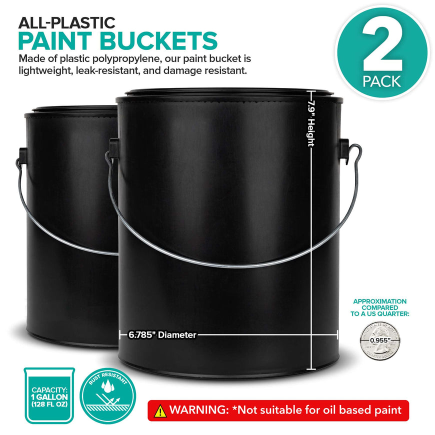 All-Plastic Paint Can (2 Pack) - Gallon Bucket with Metal Handle - Small Bucket with Airtight Seal - Rust Proof Plastic Paint Container with Lid - Reusable Paint Storage Container - Stock Your Home