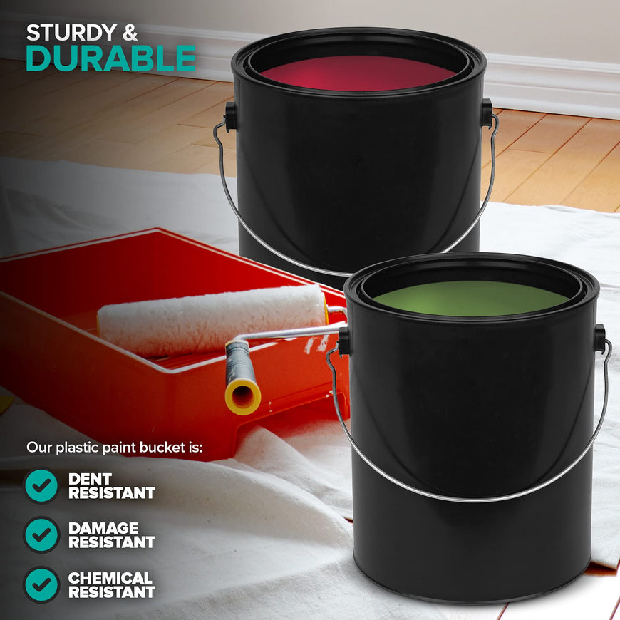 All-Plastic Paint Can (2 Pack) - Gallon Bucket with Metal Handle - Small Bucket with Airtight Seal - Rust Proof Plastic Paint Container with Lid - Reusable Paint Storage Container - Stock Your Home