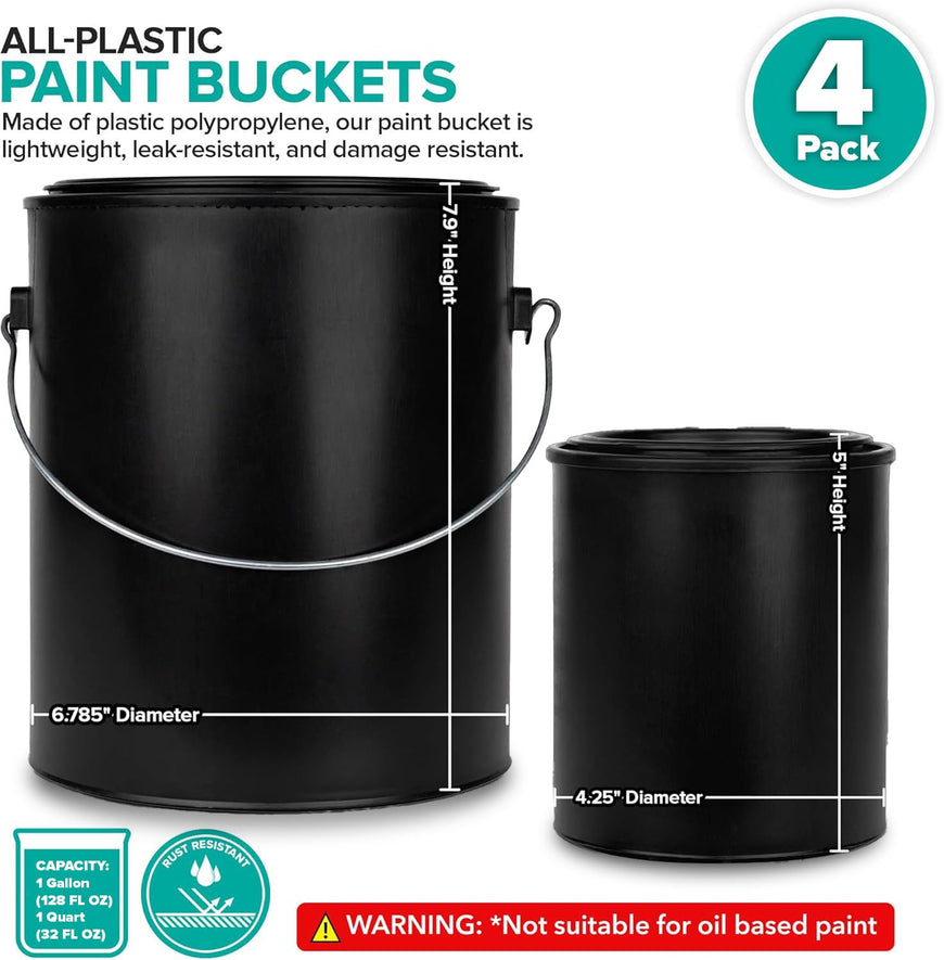 1 Quart & 1 Gallon Plastic Paint Buckets (4 Pack Combo) Triple-Lock Airtight Seal to Minimizing Skimming, Rust, Odor & Chemical Resistant- (2X 32 Fl Oz & 2X 128 FLoz) Plastic Paint Can + Snap On Lid