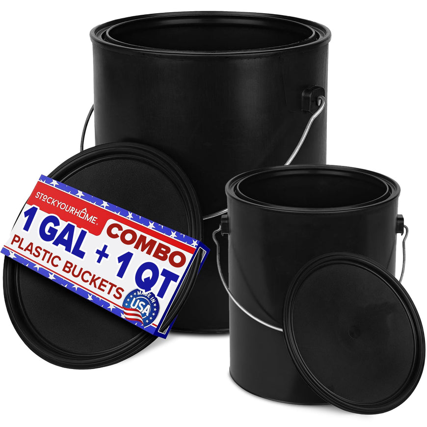 1 Quart & 1 Gallon Plastic Paint Buckets (2 Pack Combo) Triple-Lock Airtight Seal to Minimizing Skimming, Rust, Odor & Chemical Resistant- (1x 32 Fl Oz & 1x 128 FLoz) Plastic Paint Can + Snap On Lid