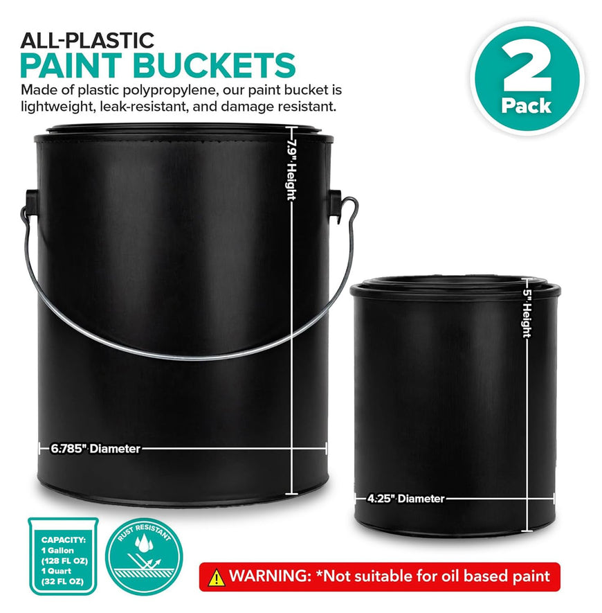 1 Quart & 1 Gallon Plastic Paint Buckets (2 Pack Combo) Triple-Lock Airtight Seal to Minimizing Skimming, Rust, Odor & Chemical Resistant- (1x 32 Fl Oz & 1x 128 FLoz) Plastic Paint Can + Snap On Lid