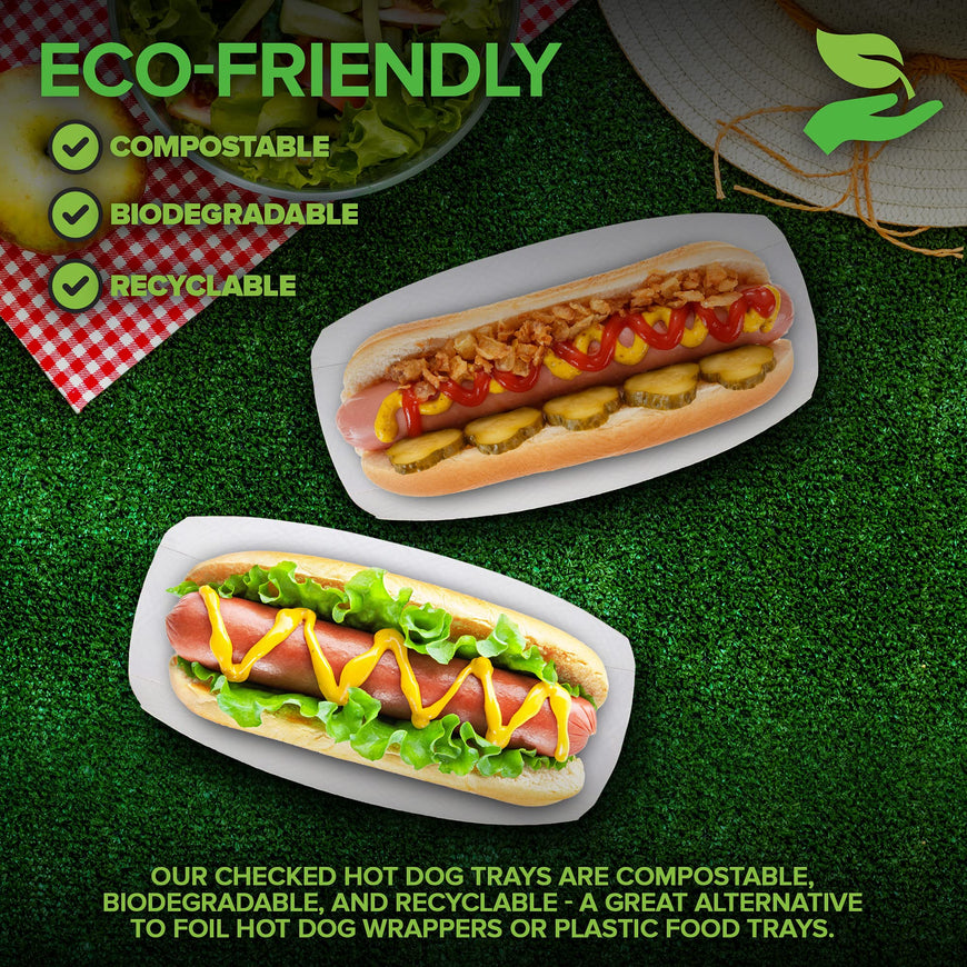 Stock Your Home Checkered Trays (100 Pack) - Retro Red & White Checked Food Boats for Hot Dogs - Grease Resistant & Recyclable Paperboard Trays