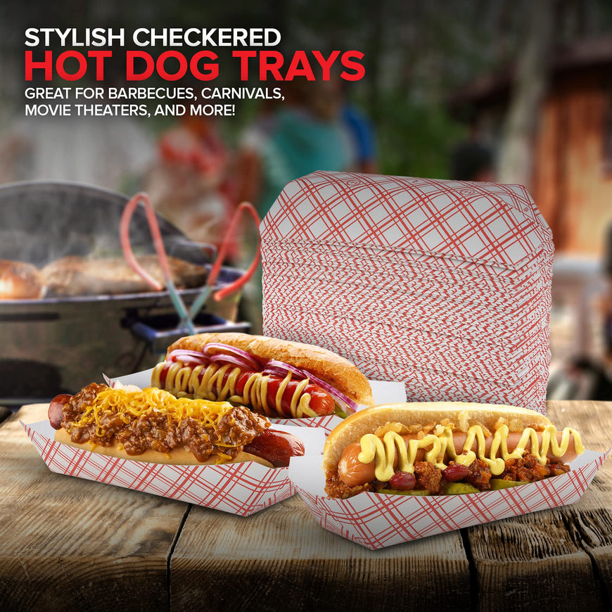 Stock Your Home Checkered Trays (100 Pack) - Retro Red & White Checked Food Boats for Hot Dogs - Grease Resistant & Recyclable Paperboard Trays