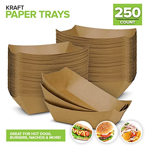 [250 Pack] Extra Large Disposable Brown Kraft Paper Food Trays, 3-Lb Concession Tray, Serving Boats for Party Snacks, Taco Bar, Seafood, Nachos Plates