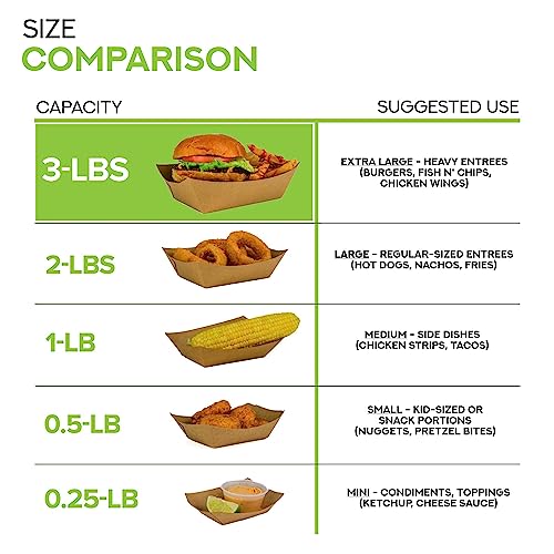 [250 Pack] Extra Large Disposable Brown Kraft Paper Food Trays, 3-Lb Concession Tray, Serving Boats for Party Snacks, Taco Bar, Seafood, Nachos Plates