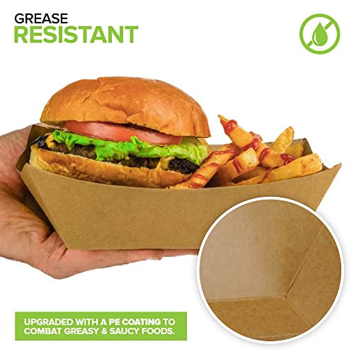 [250 Pack] Extra Large Disposable Brown Kraft Paper Food Trays, 3-Lb Concession Tray, Serving Boats for Party Snacks, Taco Bar, Seafood, Nachos Plates