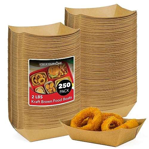 [250 Pack] Large Disposable Brown Kraft Paper Food Trays, 2-Lb Concession Tray, Serving Boats for Party Snacks, Taco Bar, Seafood, Nachos Plates