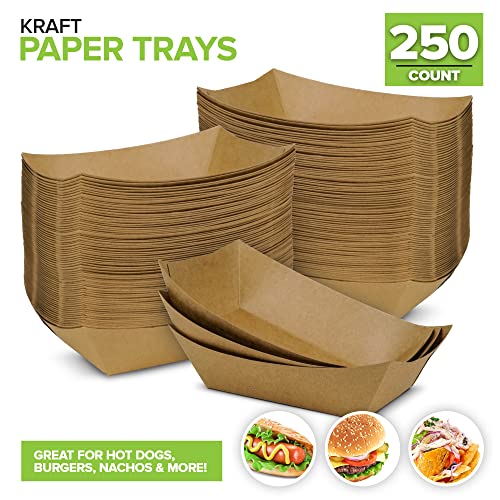 [250 Pack] Large Disposable Brown Kraft Paper Food Trays, 2-Lb Concession Tray, Serving Boats for Party Snacks, Taco Bar, Seafood, Nachos Plates