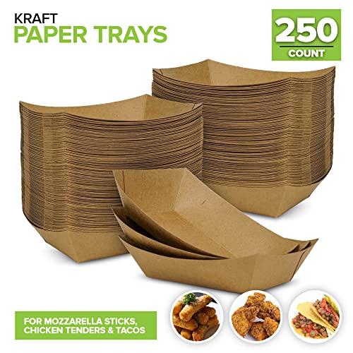 [250 Pack] Medium Disposable Brown Kraft Paper Food Trays, 1-Lb Concession Tray, Serving Boats for Party Snacks, Taco Bar, Seafood, Nachos Plates