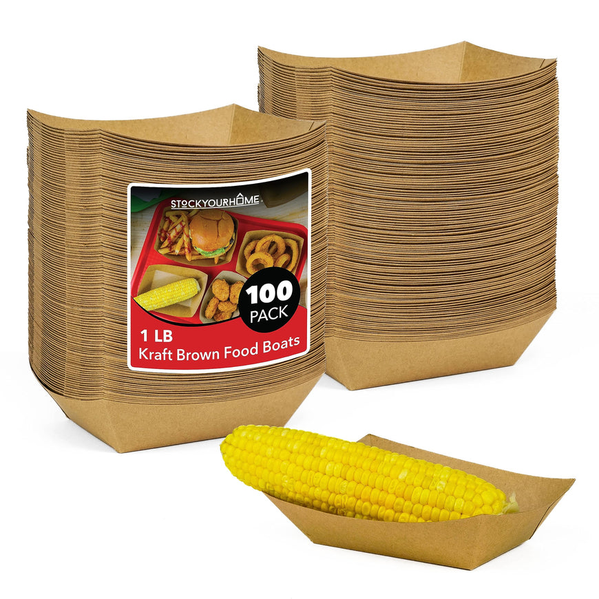Stock Your Home 100 Pack 1-Lb Brown Kraft Paper Food Trays, Disposable Concession Tray, Serving Boats for Party Snacks, Taco Bar, Seafood, Nachos Plates, BBQ carneval picnic birthday party