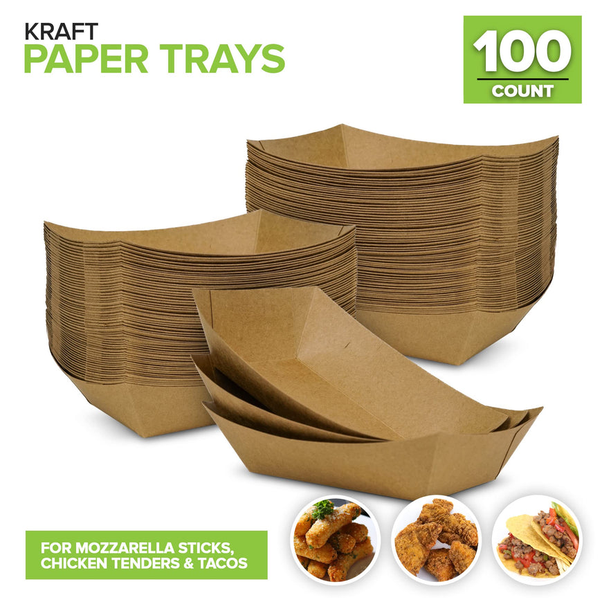 Stock Your Home 100 Pack 1-Lb Brown Kraft Paper Food Trays, Disposable Concession Tray, Serving Boats for Party Snacks, Taco Bar, Seafood, Nachos Plates, BBQ carneval picnic birthday party