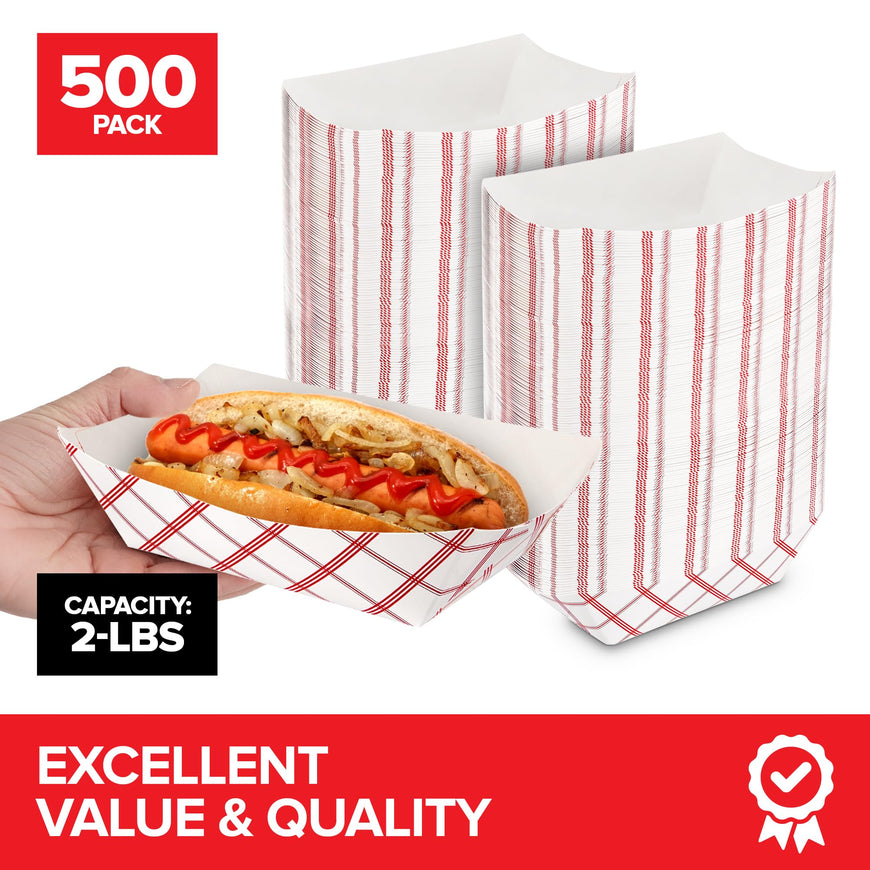 Stock Your Home 500 Pack 2 Lb Disposable Red & White Checkered Paper Trays, Eco Friendly Serving Boats for Concession Food & Condiments, Nacho Trays