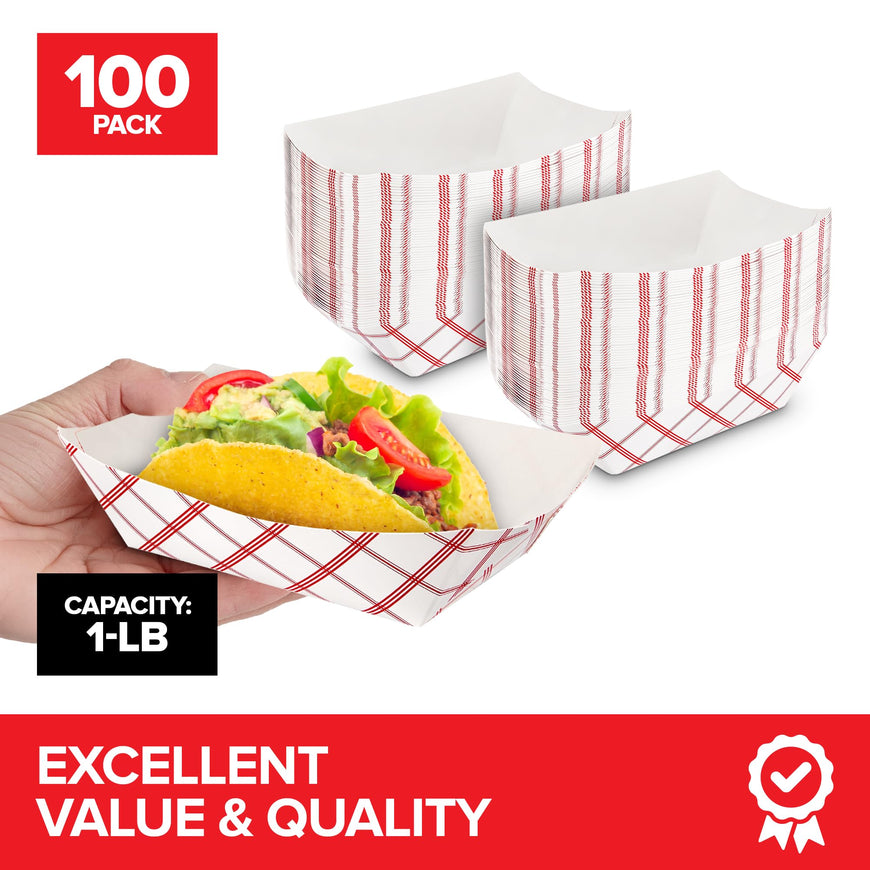 Stock Your Home Small Paper Food Boats (100 Pack) 1 Lb Disposable Red & White Checkered Trays, Eco Friendly Food Boat, Serving Boats for Concession Food & Condiments, Nacho Tray 4.25