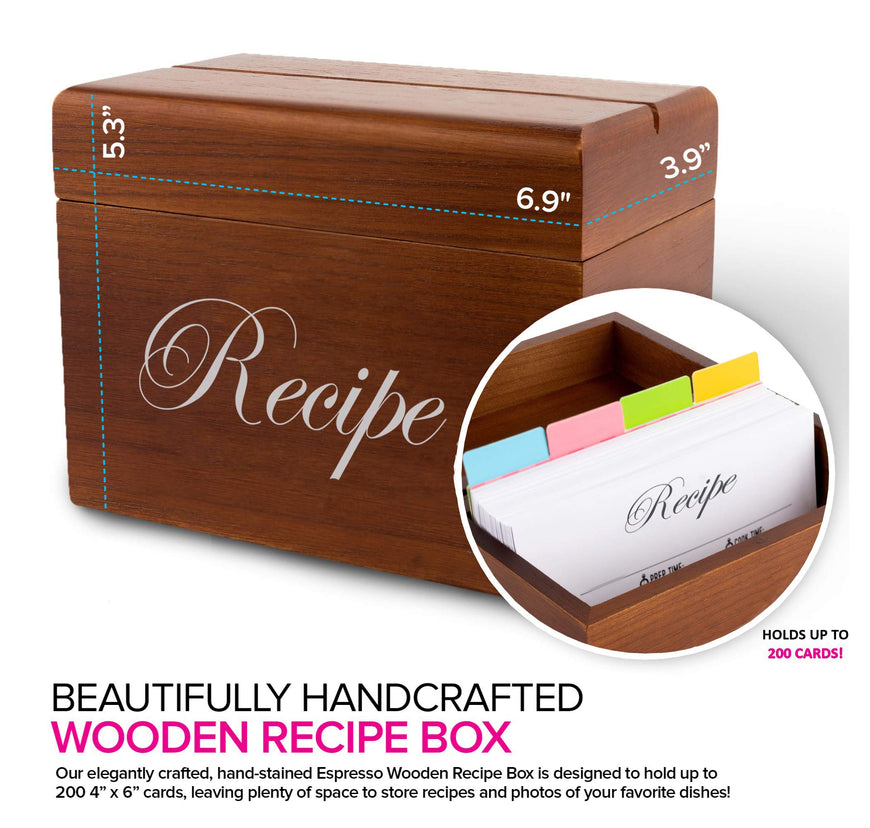 Stock Your Home Hand-Crafted Wooden Recipe Box - 75 Recipe Cards and 8 Dividers - Easy Viewing Slit and Plastic Recipe Card Holder - Conversion Chart - Termite and Rot Resistant Small Recipe Box