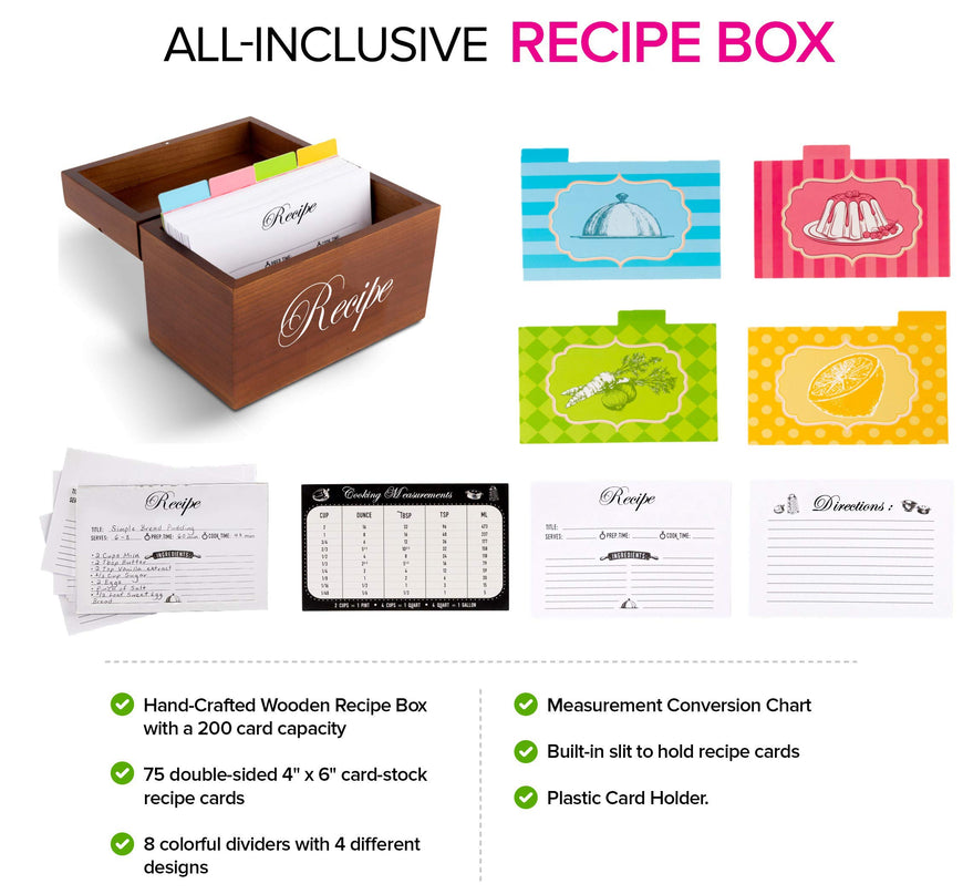 Stock Your Home Hand-Crafted Wooden Recipe Box - 75 Recipe Cards and 8 Dividers - Easy Viewing Slit and Plastic Recipe Card Holder - Conversion Chart - Termite and Rot Resistant Small Recipe Box