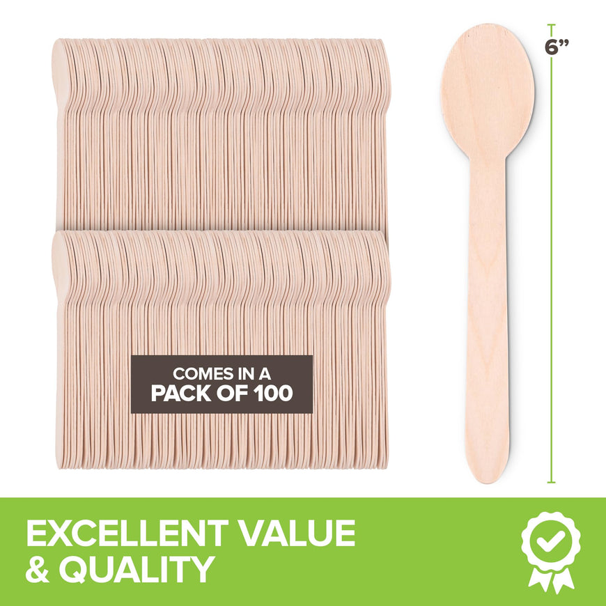 100% Wooden Disposable Spoons, (100 Count) Planet Friendly Utensils, Compostable Cutlery Spoons For Parties, Concession stands And Hosting